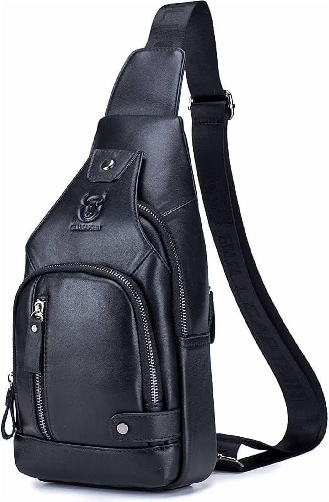 BULLCAPTAIN Leather Sling Bag Men's Casual Shoulder Crossbody Bag, Black