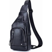 BULLCAPTAIN Leather Sling Bag Mens Casual Shoulder Crossbody Bag, Black