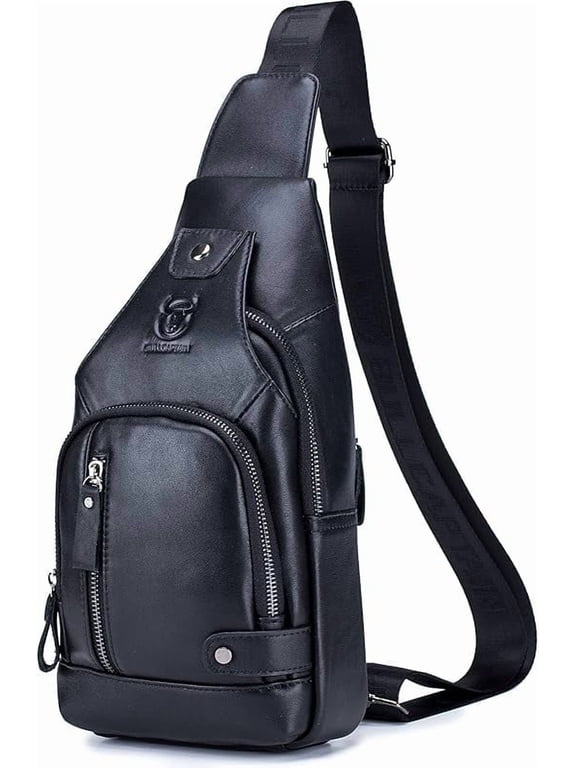 BULLCAPTAIN Leather Sling Bag Men's Casual Shoulder Crossbody Bag, Black