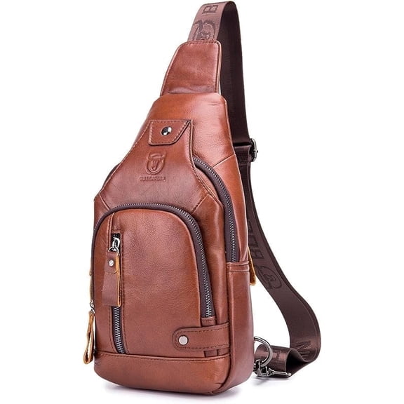 BULLCAPTAIN Leather Sling Bag Mens Chest Bag Casual Shoulder Crossbody Bags Travel Hiking Backpacks Daypack with USB Charging Port (Brown)