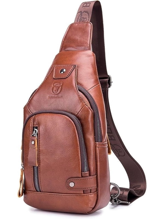 BULLCAPTAIN Leather Sling Bag Mens Chest Bag Casual Shoulder Crossbody Bags Travel Hiking Backpacks Daypack with USB Charging Port (Brown)