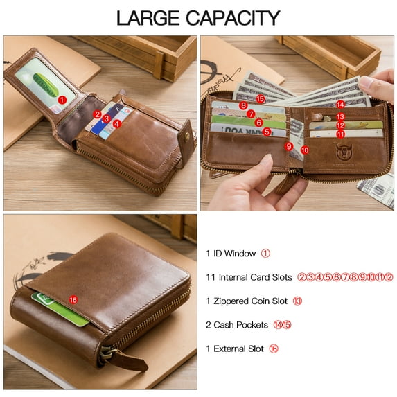 BULLCAPTAIN Leather Wallet,Wallet Men Purse Leather Wallet Zipper Wallet Men Purse Pouch Wallet Leaer Zipper Leaer Wallet Leaer Wallet Mewmewcat Leather Huiop