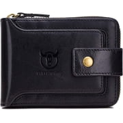 BULLCAPTAIN Men Zipper Around Wallet Genuine Leather RFID Blocking Bifold Large Capacity Coin Purse with ID Window Black
