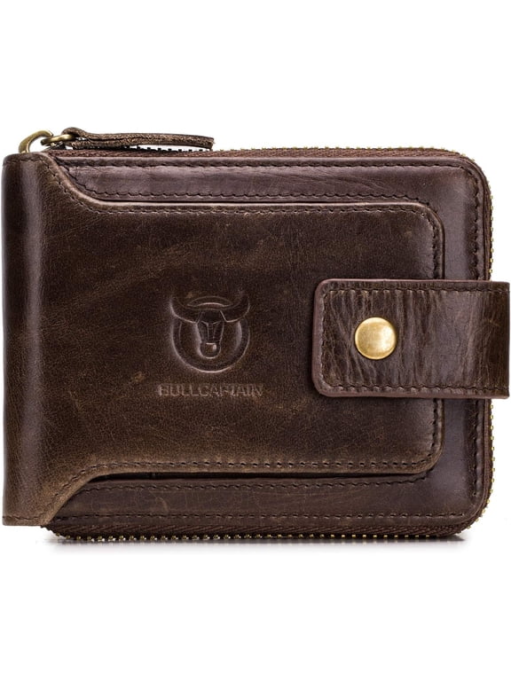 BULLCAPTAIN Men Zipper Around Wallet Genuine Leather RFID Blocking Bifold Large Capacity Coin Purse with ID Window (Black)