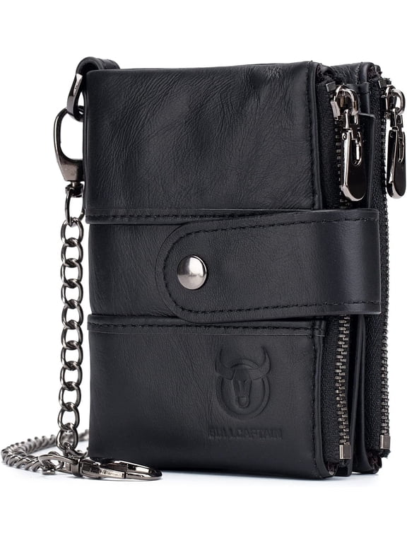 BULLCAPTAIN Men's Genuine Leather RFID Blocking Bifold Chain Wallet with Double Zipper Coin Pockets, Black