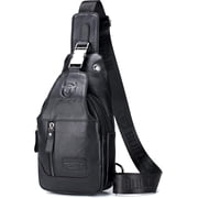 BULLCAPTAIN Men's Genuine Leather Sling Bag, Retro Chest Shoulder Crossbody Backpack with USB Charging Port & Earphone Hole Black