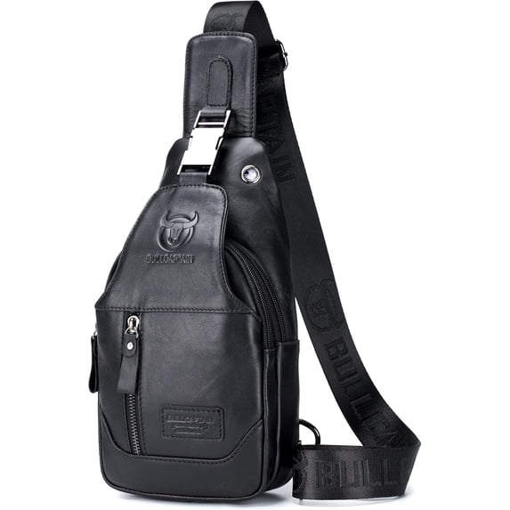 BULLCAPTAIN Men's Genuine Leather Sling Bag, Retro Chest Shoulder Crossbody Backpack with USB Charging Port & Earphone Hole (Black)