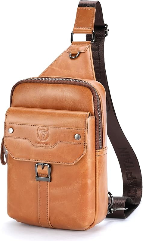 BULLCAPTAIN Men's Leather Samll Crossbody Backpack Sling Chest Bag for Hiking Travel