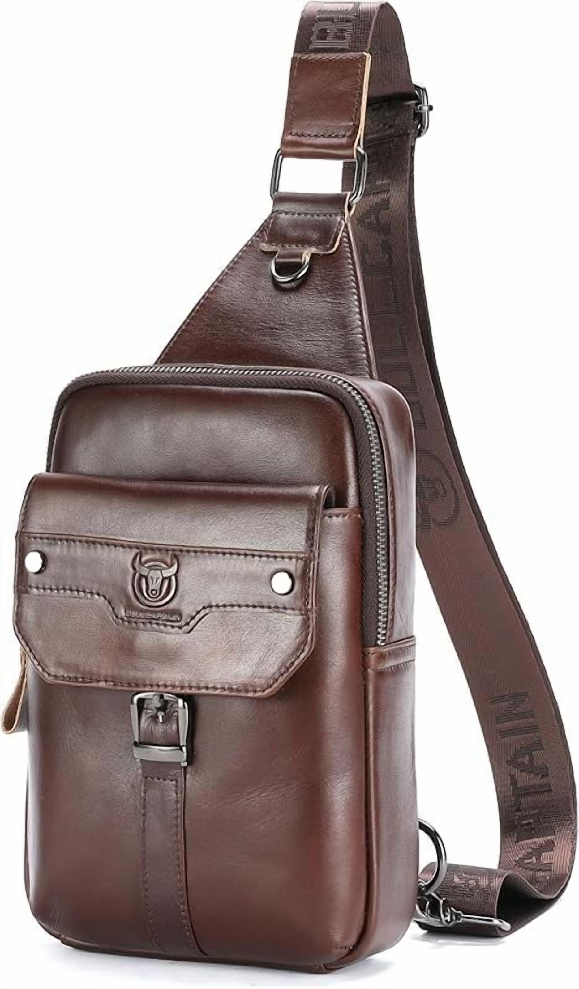BULLCAPTAIN Men's Leather Samll Crossbody Backpack Sling Chest Bag for Hiking Travel