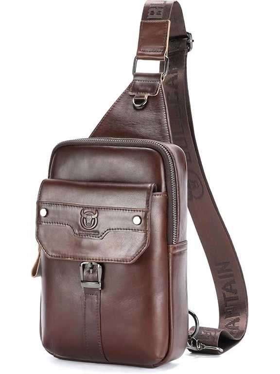 BULLCAPTAIN Men's Leather Samll Crossbody Backpack Sling Chest Bag for Hiking Travel
