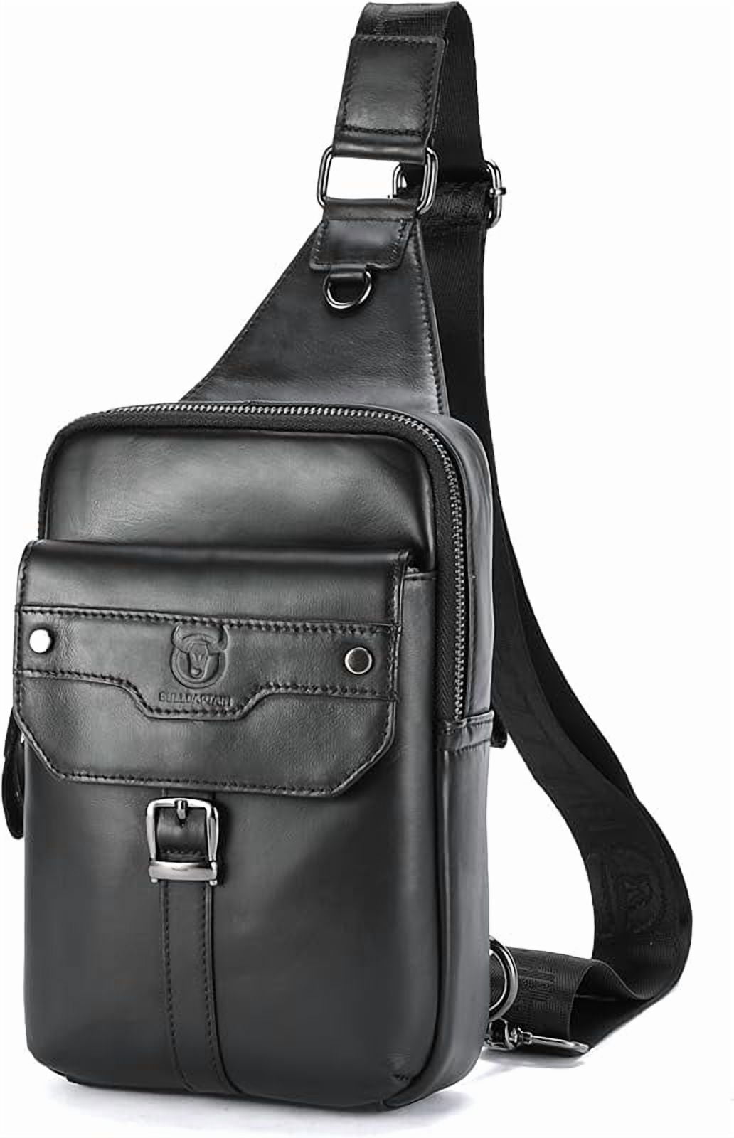 BULLCAPTAIN Men's Leather Samll Crossbody Backpack Sling Chest Bag for Hiking Travel