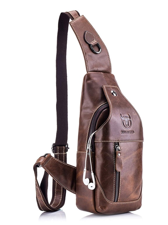 BULLCAPTAIN Men's Sling Bag Genuine Leather Chest Shoulder Backpack Cross Body Purse Water Resistant Anti Theft For Travel Hiking School