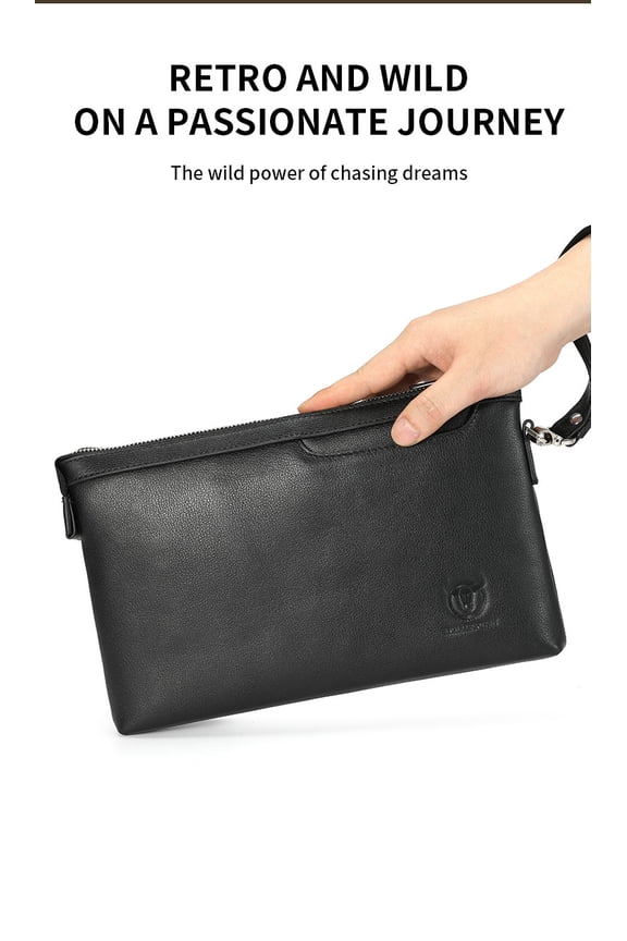 BULLCAPTAINGenuine Leather Mens Clutch Bag 10 X 6.5 Inch Large Wallet Wrist Hang Bags Sleeve Brown Color Black