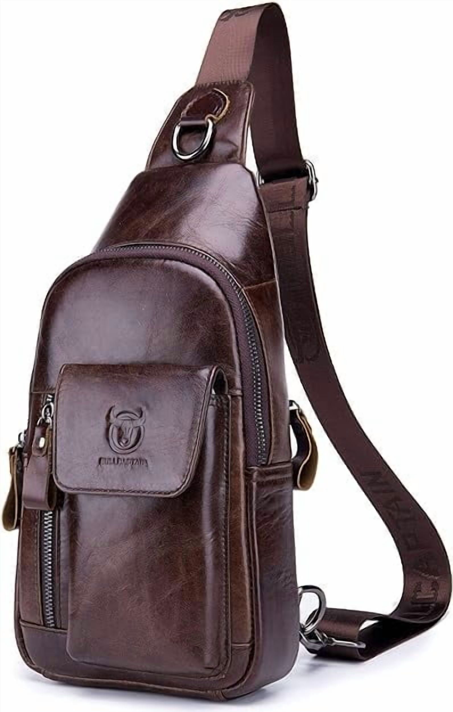 BULLCAPTAIN Genuine Leather Sling Bag for Men, Crossbody Chest Backpack with Adjustable Strap, Zipper Closure. , Coffee Brown