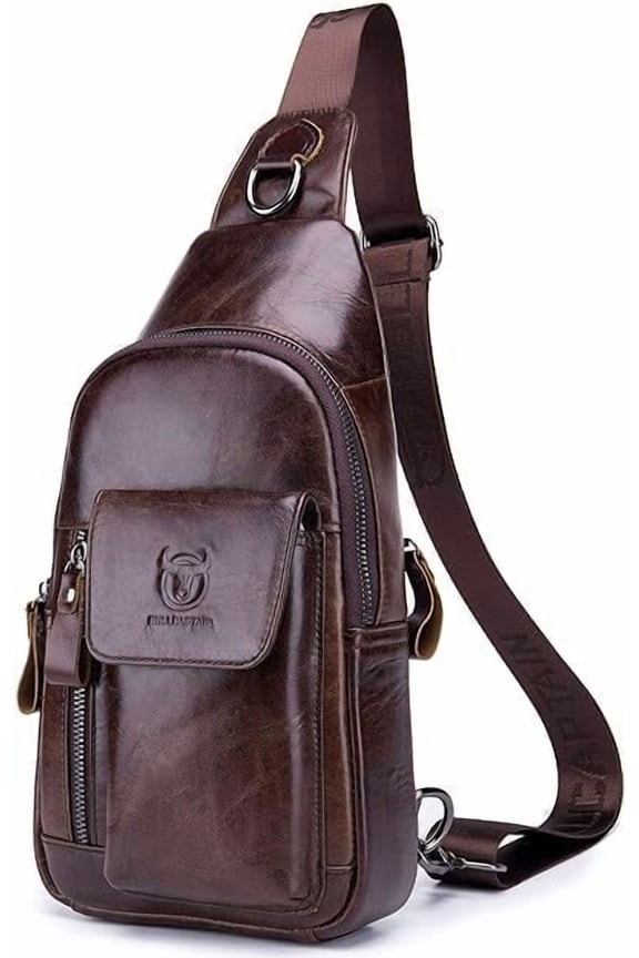 BULLCAPTAIN Genuine Leather Sling Bag for Men, Crossbody Chest Backpack with Adjustable Strap, Zipper Closure. , Coffee Brown