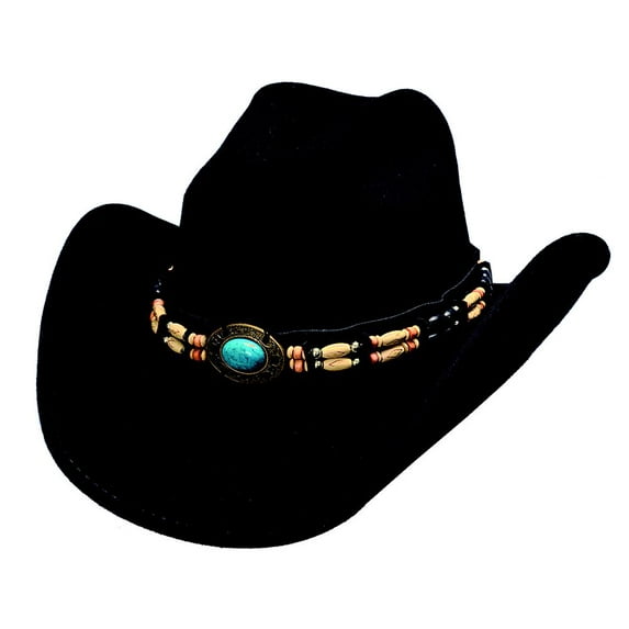 Bullhide Hats Men's Fortune Wool Felt Cowboy Hat with Barrel-Bead Hatband and Turquoise Concho, Black, Small