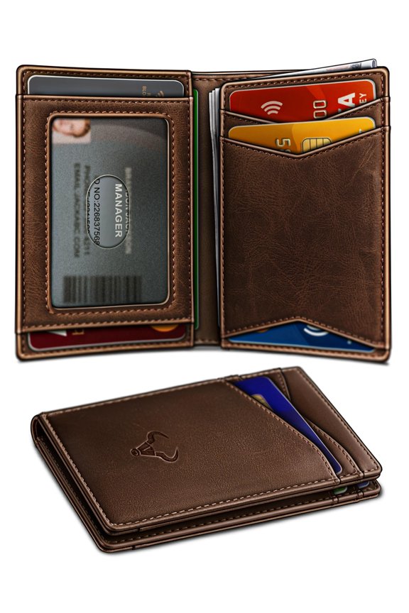 Men Wallet,Top Grain Leather Slim Wallet Magnetic Closure Simplifed Bill Folder RFID Blocking 11Cards A101