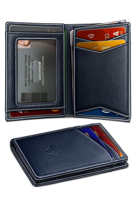 Men Wallet,Top Grain Leather Slim Wallet Magnetic Closure Simplifed Bill Folder RFID Blocking 11Cards A101