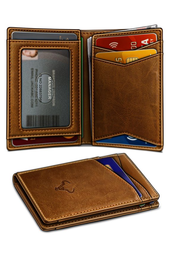 Men Wallet,Top Grain Leather Slim Wallet Magnetic Closure Simplifed Bill Folder RFID Blocking 11Cards A101