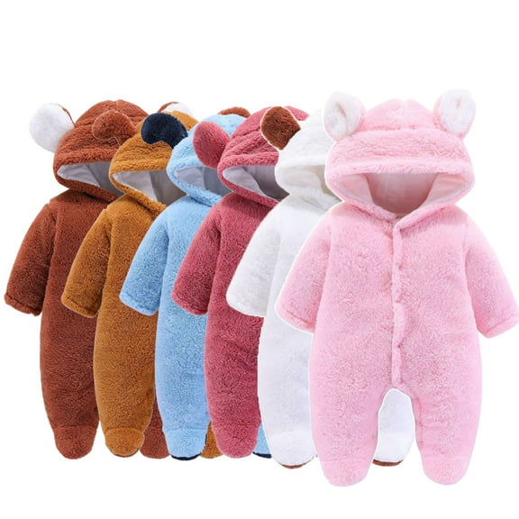 BULLPIANO 0-12 Month Infant Baby Boys Girls Footed Fleece Jumpsuit Newborn Winter Hooded Rompers Snowsuit Thick Warm Coat Pajamas Cute Ear Bodysuits Outwear