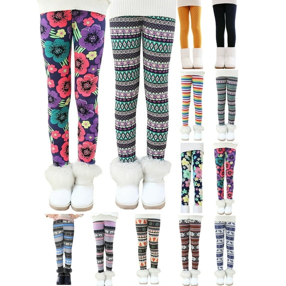BULLPIANO 2-12T Girl Leggings Footless Fleece Lined Warm Winter Leggings Skinny Tights Stretchy Printing Full Length Legging Pants