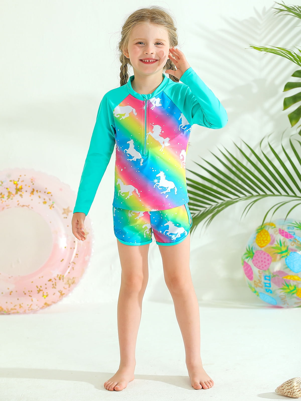 BULLPIANO 3-10T Girls Swimsuits Two Piece Rash Guard Set Long Sleeve ...