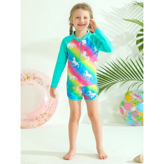 BULLPIANO 3-10T Girls Swimsuits Two Piece Rash Guard Set Long Sleeve Bathing Suit Quick Dry Swimwear with UPF 50+ Sun Protection