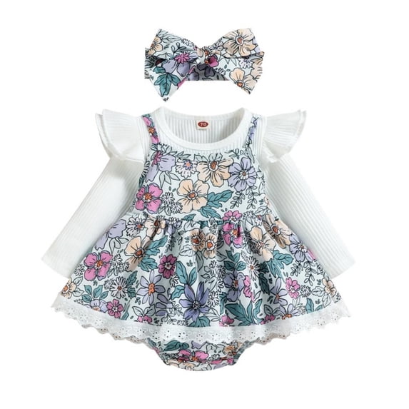 BULLPIANO 3Pcs Baby Girls Floral Clothes Skirts Set 0-24M, Newborns Long Sleeve Knitted Tops+Suspender Dress Romper With Headband