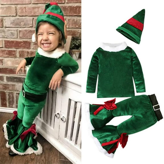 BULLPIANO 3Pcs Toddler Girls Christmas Clothes Set, Kids Velvet Pullover Top+Long Pant+ Hat, Toddler Santa Claus Costume Holiday Outfits, 2-8T