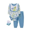 thumbnail image 1 of BULLPIANO 4pcs Unisex Baby Clothes Set - Long Sleeve Romper Pants Sock Bib Suit Baby Shower Gifts for Newnborn 0-12M, 1 of 3