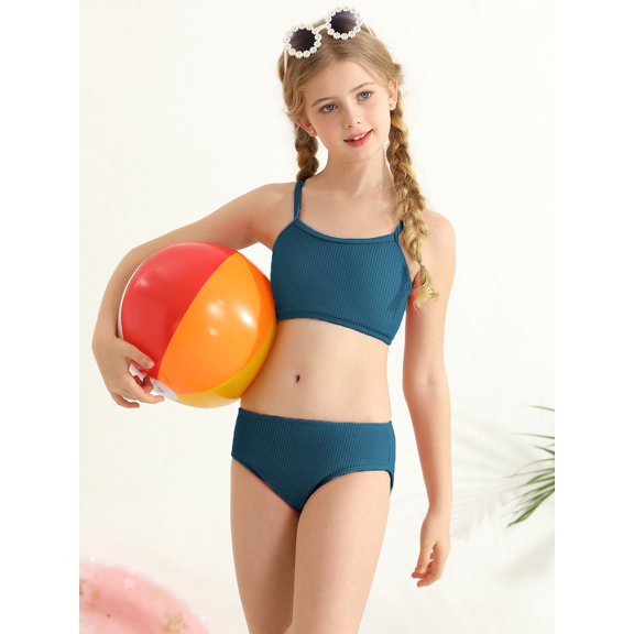 BULLPIANO 7-16T Teen Girls' Swimsuits Two-Piece Bikini Adjustable Shoulder Straps Swimsuit Kids Bathing Suit with Removable Chest Pad