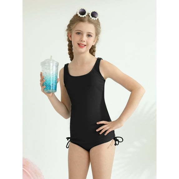 BULLPIANO 9-16 Years Girls One Piece Swimsuits Kids Solid Adjustable Strap Ribbed Bathing Suit Swimwear with Removeble Chest Pads