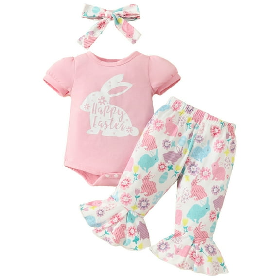 BULLPIANO Baby Girl Outfits Rabbit Print Short Sleeve Romper Flared Pants Headband Infant Clothes 0-18 Months