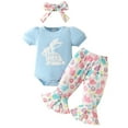thumbnail image 1 of BULLPIANO Baby Girl Outfits Rabbit Print Short Sleeve Romper Flared Pants Headband Infant Clothes 0-18 Months, 1 of 9