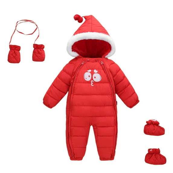 BULLPIANO Baby Winter Snowsuit One-Piece Hooded Romper Bodysuits Zipper Warm Coat Jacket with Gloves Boots 3 Piece Set