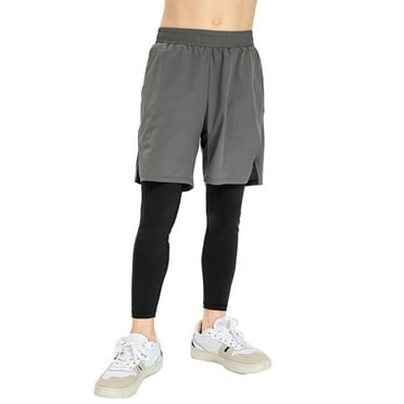 BULLPIANO Boys 2 in 1 Compression Pants Athletic Workout Sports Legging Youth Basketball Tights Shorts and Leggings for Athletic Training