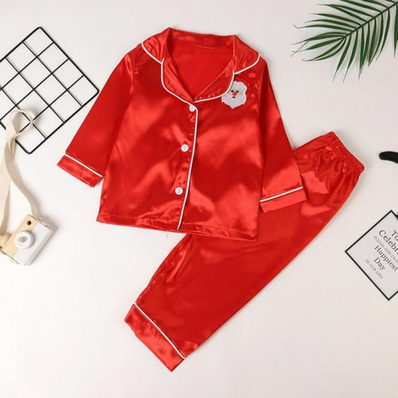 BULLPIANO Boys Girls Satin Silk Long Sleeve Pajamas Set Christmas Kids Button Down Pjs Sleepwear 2-10Y