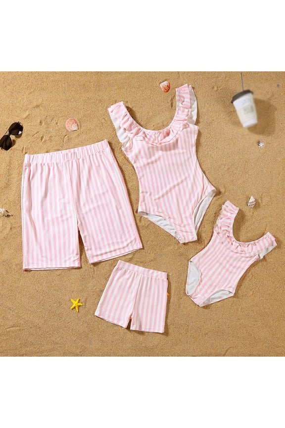 Family Matching Swimwear Set for Couples Baby Mommy and Me Striped Bathing One-Piece Swimsuits Swim Trunks Shorts