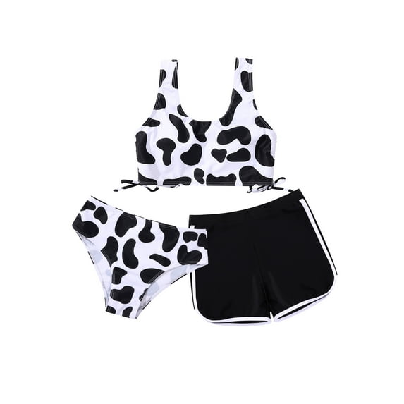 BULLPIANO Girl 3 Piece Swimsuits Bathing Suit Cow Print Wireless Bikini Set with High Waist Shorts Sport Swimwear