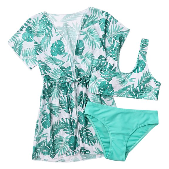 BULLPIANO Girl's 3 Piece Bathing Suits Cute Floral Leaf Bikini Swimsuit with Drawstring Quick Dry Cover Up