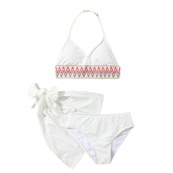 BULLPIANO Girl's 3 Piece Halter Bikini Set High Cut Triangle with Beach Cover Up Skirt Swimsuit Bathing Suit 7-11 Years