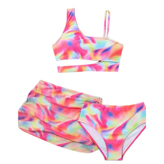 BULLPIANO Girl's 3 Piece Tropical Bikini Sets Asymmetrical One Shoulder Cut Out Bathing Suit with Mesh Cover Up Skirt 7-11 Years