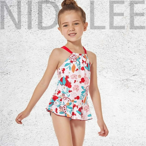 BULLPIANO Girl's One Piece Summer Swimsuit Cross Back Bathing Suit Spaghetti Strap Swimsuit Printed Sunsuit Quick Dry Swimwear, Size 5-6 Years