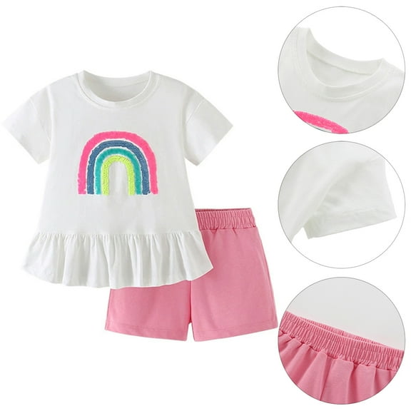 BULLPIANO Girls 2 Piece Summer Outfits Kids Cute Print Short Sleeve T-Shirts and Elastic Waist Shorts Clothing Sets