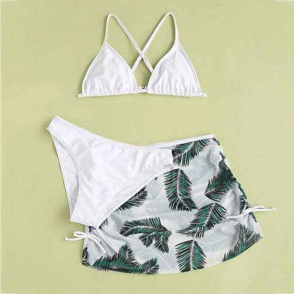 BULLPIANO Girls' 3 Piece Set Floral Print Spaghetti Strap Bikini Swimsuit with Drawstring Beach Skirt Cute Ruched Bathing Suit