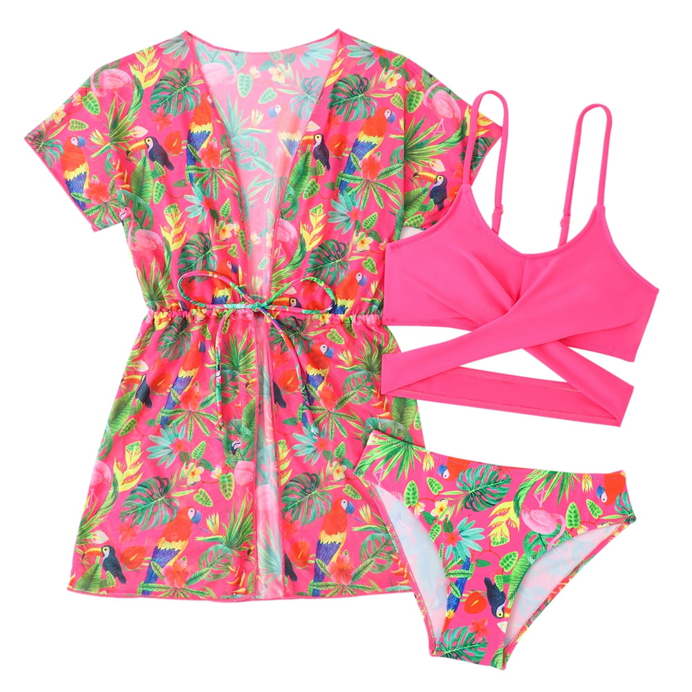 BULLPIANO Girls 3 Piece Swimsuit Floral Bikini Bathing Suit Quick Dry ...