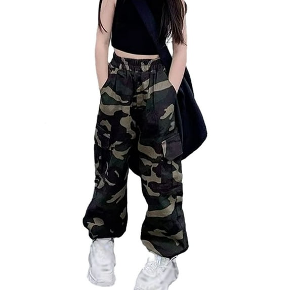 BULLPIANO Girls Camo Print Cargo Pants Elastic Waist Casual Jogger Pants for Girls Streetwear Wide Leg Parachute with Pockets 4-18 Years