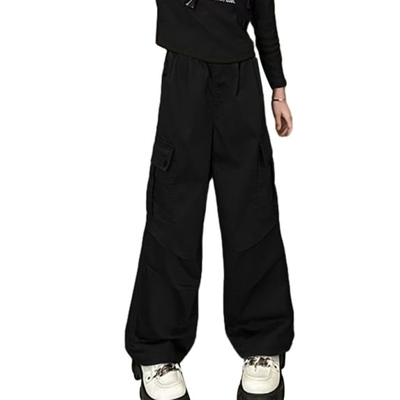 BULLPIANO Girls Cargo Pants with Pockets Drawstring Elastic Kids Joggers Loose Hip Hop Wide Leg Trousers