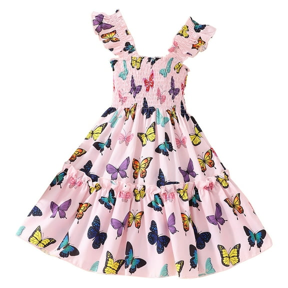 BULLPIANO Girls Dresses Butterfly Print Dress Flutter Sleeves Casual Summer Dresses Kids Summer Clothes