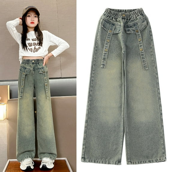 BULLPIANO Girls Jeans Baggy Wide Leg Denim Pants Washed Baggy Wide Leg Casual Jeans Size 5-13 Years